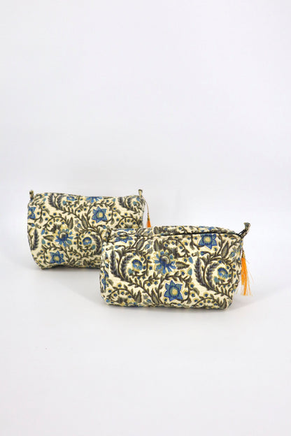 Indian Cotton Quilted Toiletry Bag in Black Vines