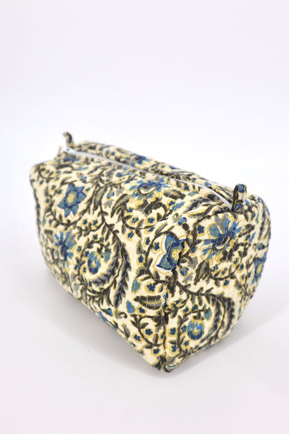 Indian Cotton Quilted Toiletry Bag in Black Vines