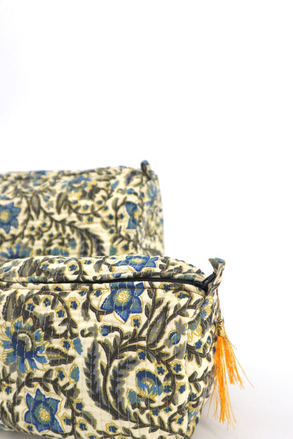 Indian Cotton Quilted Toiletry Bag in Black Vines