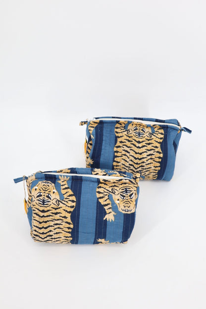 Indian Cotton Quilted Toiletry Bag in Navy Tiger