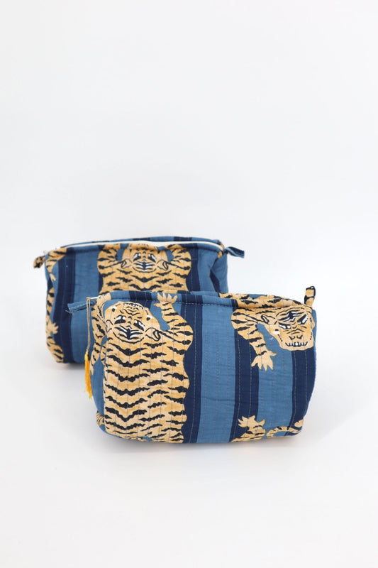 Indian Cotton Quilted Toiletry Bag in Navy Tiger