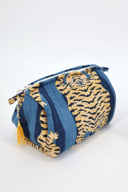 Indian Cotton Quilted Toiletry Bag in Navy Tiger