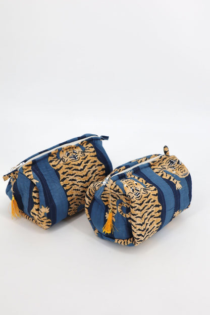 Indian Cotton Quilted Toiletry Bag in Navy Tiger