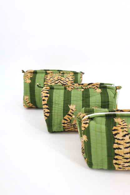Indian Cotton Quilted Toiletry Bag in Green Tiger