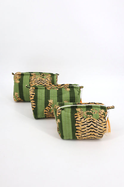 Indian Cotton Quilted Toiletry Bag in Green Tiger