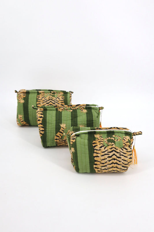 Indian Cotton Quilted Toiletry Bag in Green Tiger