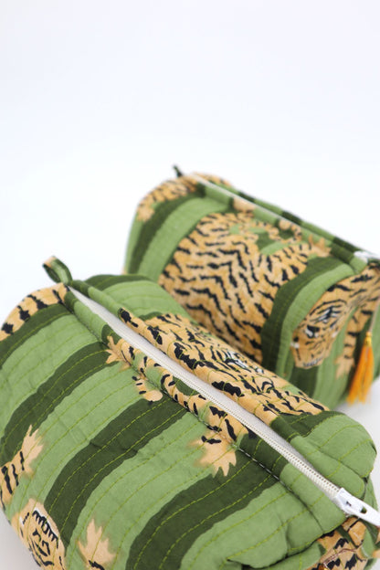 Indian Cotton Quilted Toiletry Bag in Green Tiger