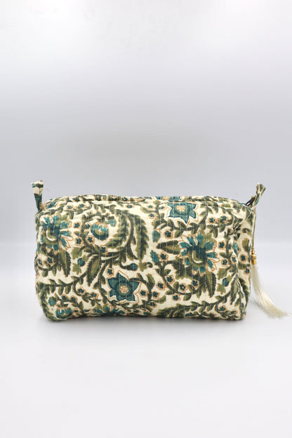 Indian Cotton Quilted Toiletry Bag in Green Vines