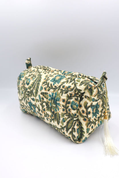 Indian Cotton Quilted Toiletry Bag in Green Vines
