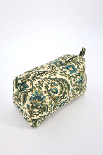 Indian Cotton Quilted Toiletry Bag in Green Vines