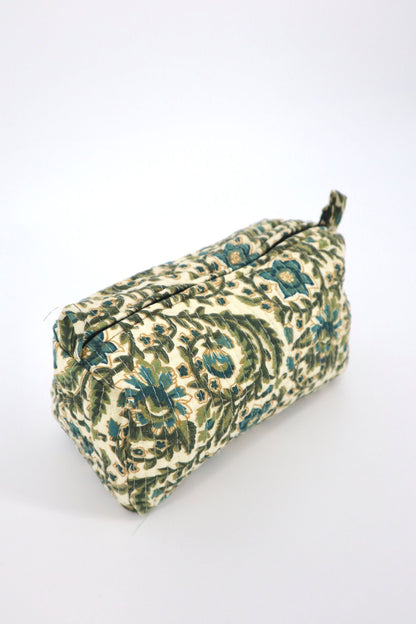 Indian Cotton Quilted Toiletry Bag in Green Vines
