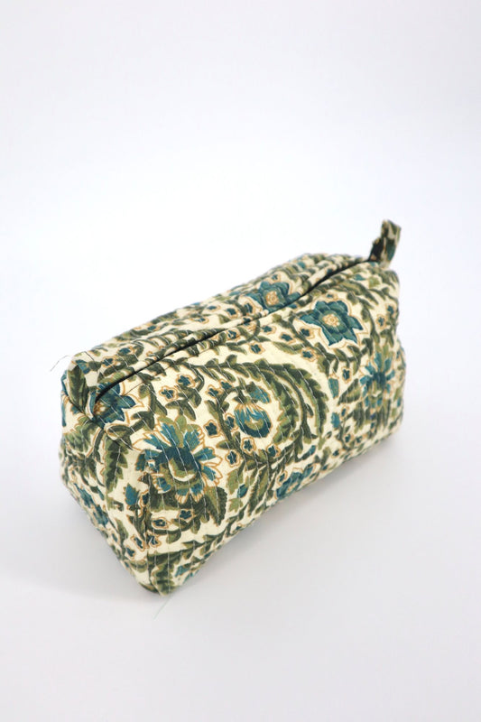 Indian Cotton Quilted Toiletry Bag in Green Vines