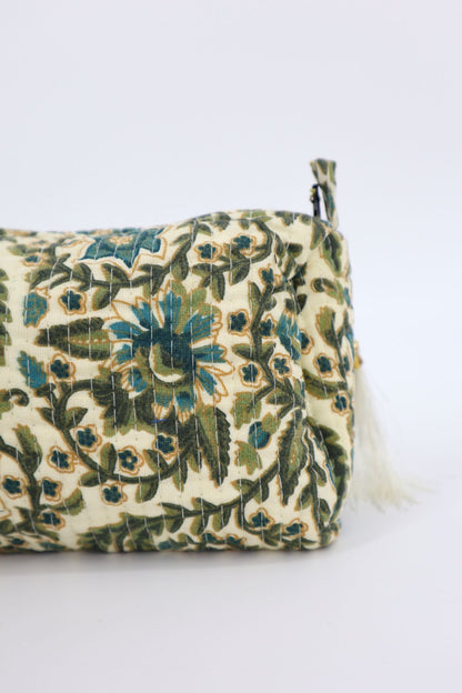 Indian Cotton Quilted Toiletry Bag in Green Vines
