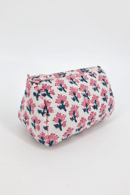 Indian Cotton Quilted Toiletry Bag in Pink & White Floral