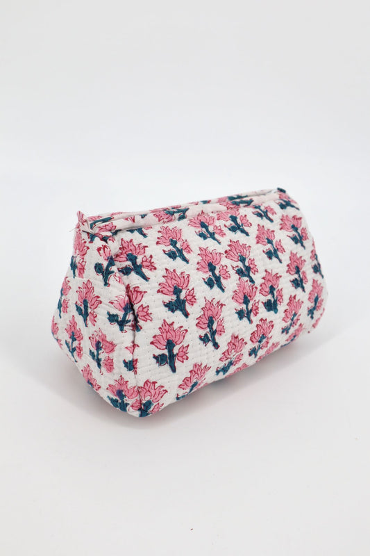 Indian Cotton Quilted Toiletry Bag in Pink & White Floral