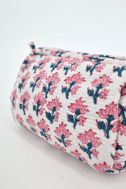 Indian Cotton Quilted Toiletry Bag in Pink & White Floral