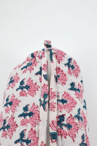 Indian Cotton Quilted Toiletry Bag in Pink & White Floral
