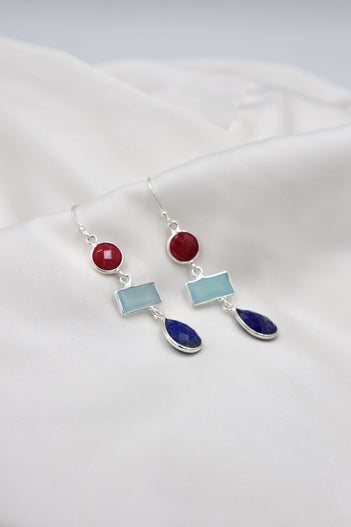 3 Stone Sterling Silver Hanging Earrings in Ruby / Aquamarine / Lapis Lazuli