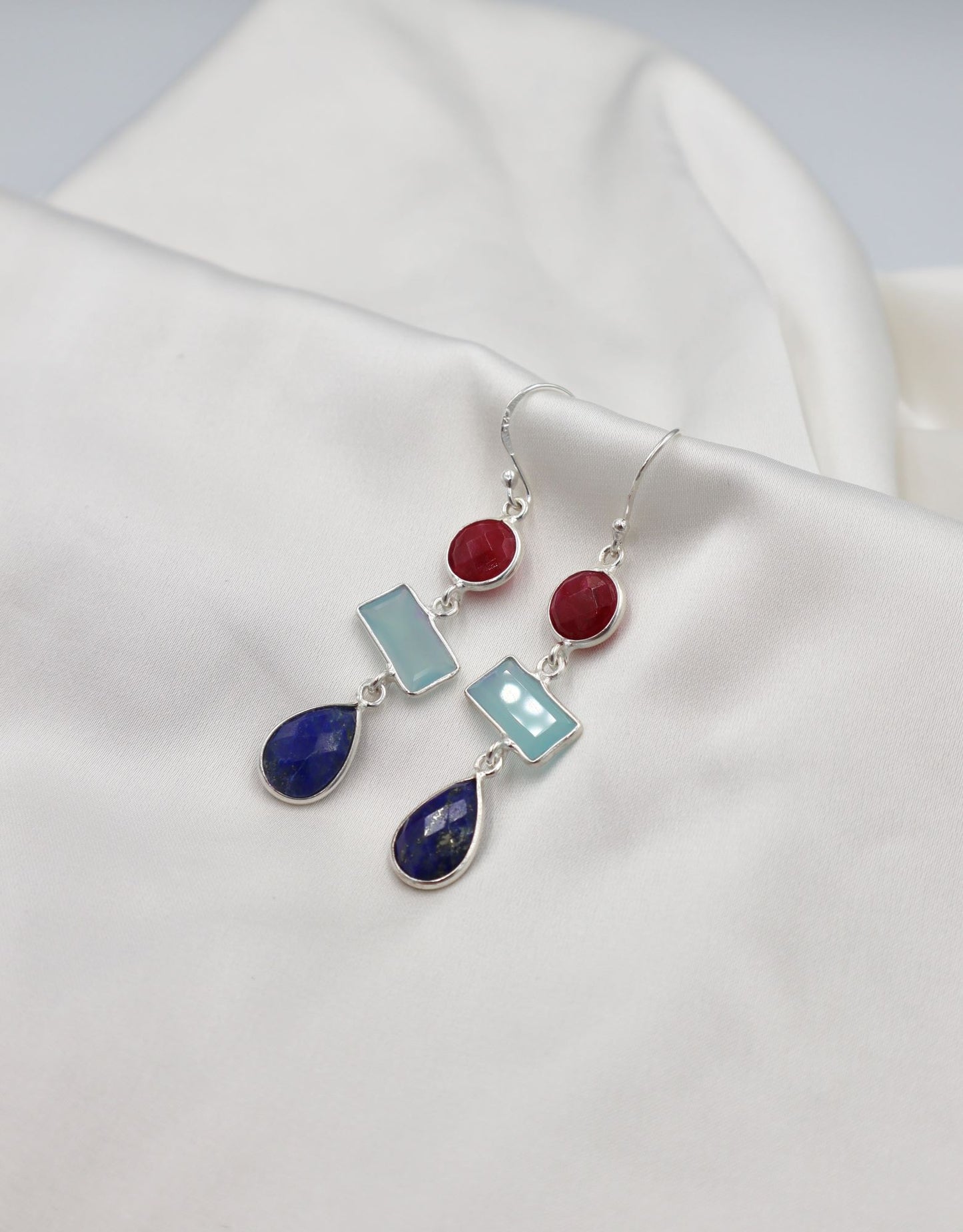 3 Stone Sterling Silver Hanging Earrings in Ruby / Aquamarine / Lapis Lazuli