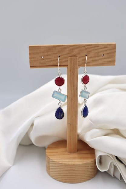 3 Stone Sterling Silver Hanging Earrings in Ruby / Aquamarine / Lapis Lazuli