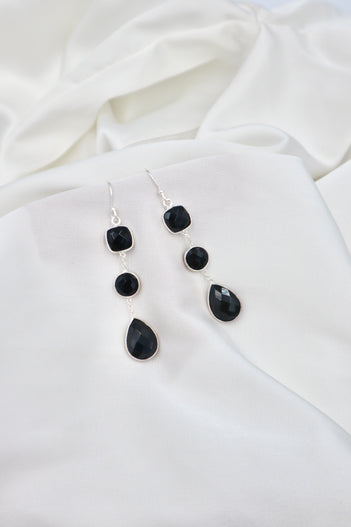 3 Stone Sterling Silver Hanging Earrings in Black Onyx