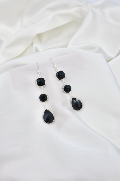 3 Stone Sterling Silver Hanging Earrings in Black Onyx