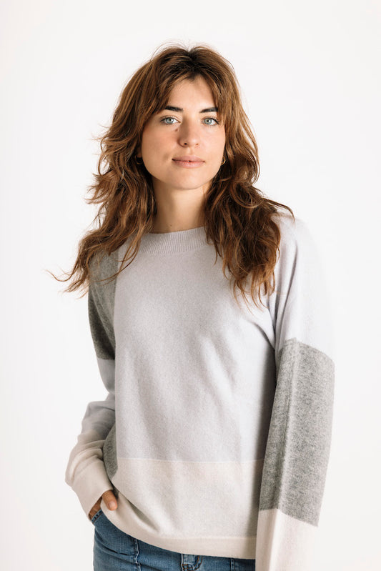 Pure Cashmere Colour Block Sweater in Pearl / Lily