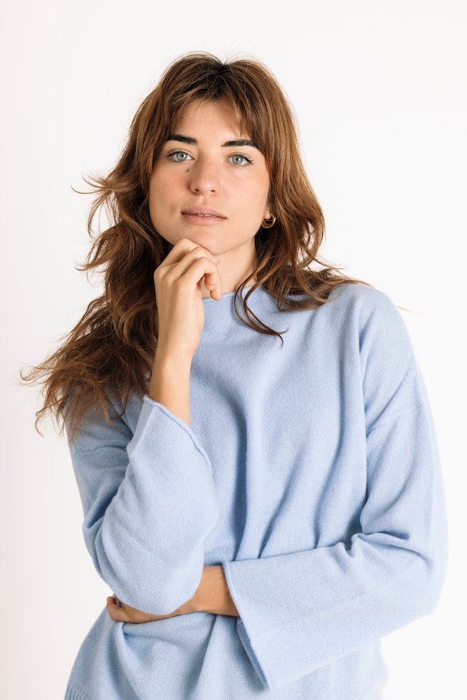 Pure Cashmere Funnel Neck Sweater in Dutch Blue