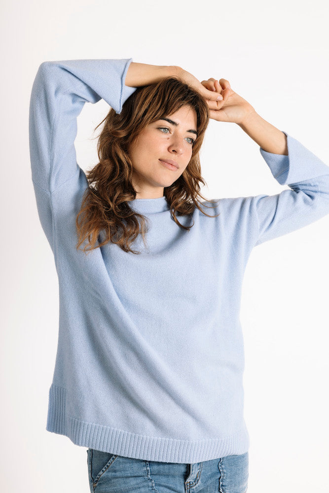 Pure Cashmere Funnel Neck Sweater in Dutch Blue