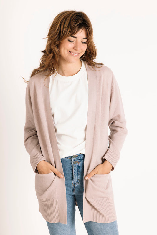 Pure Cashmere Open Front Cardigan in Antler Pink