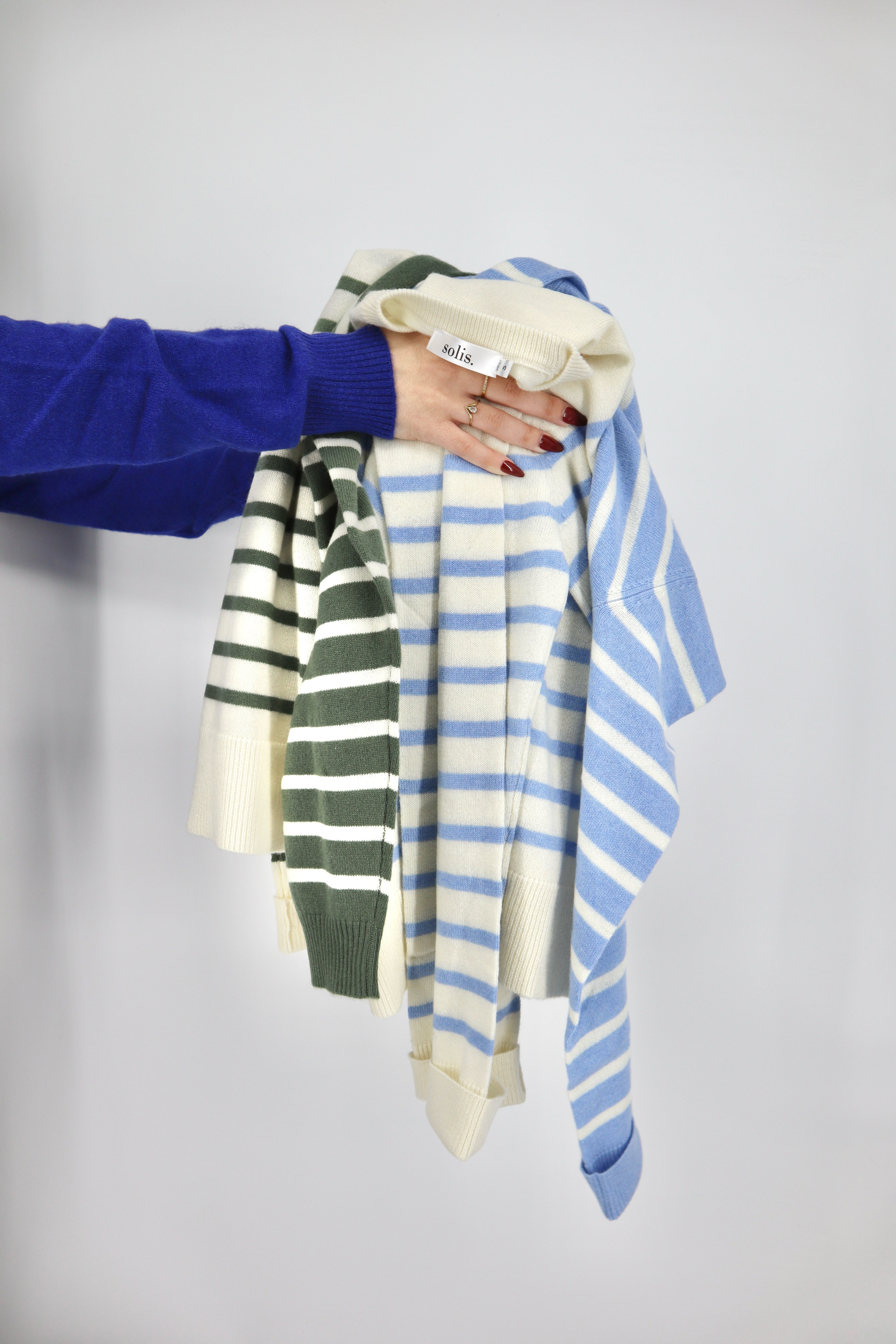 Cashmere Raglan Stripe Jumper in Cerulean Blue / Eco White