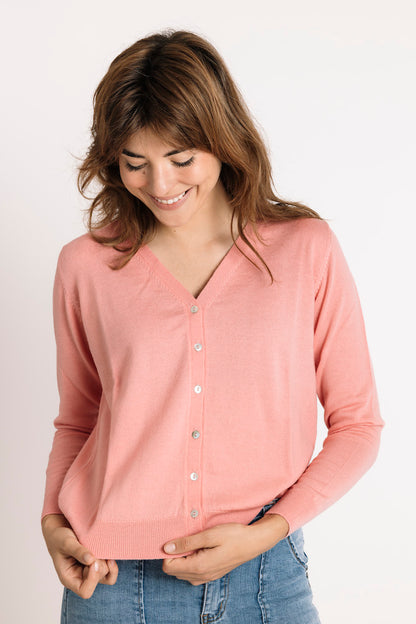 Pure Merino Wool Classic Cardigan in Coral