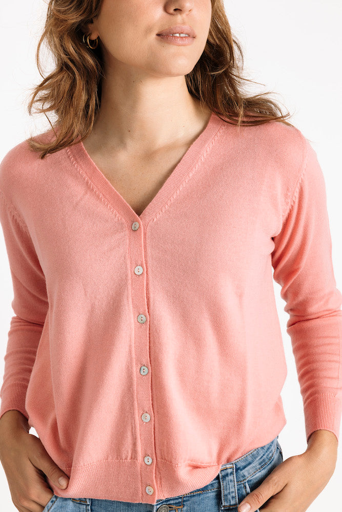 Pure Merino Wool Classic Cardigan in Coral