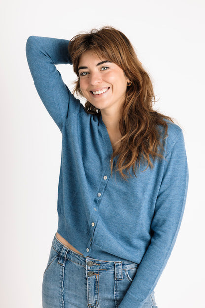 Pure Merino Wool Classic Cardigan in Denim Blue