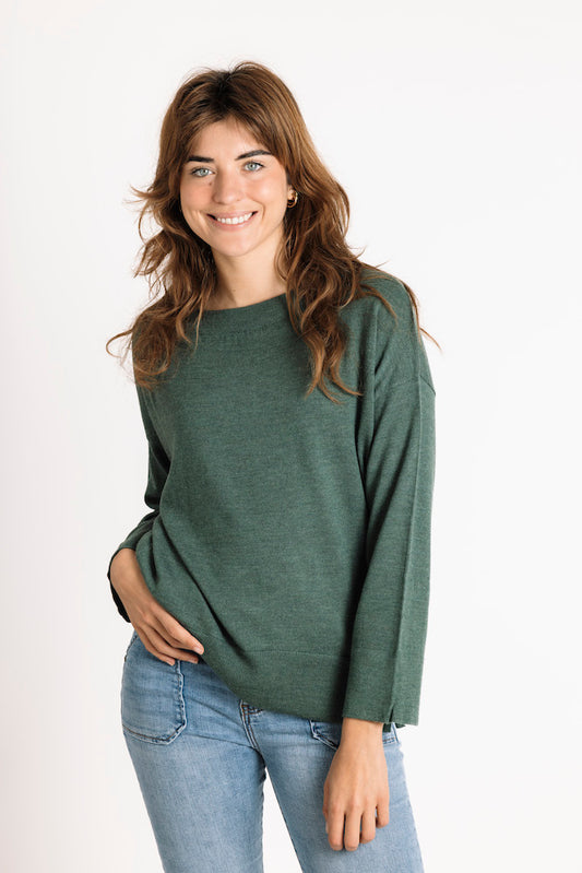 Pure Merino Wool Round Neck Sweater in Forest Green