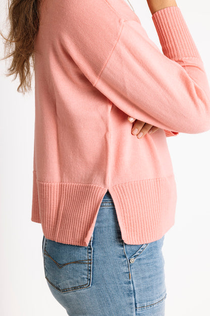 Pure Merino Wool Mock Neck Sweater in Coral