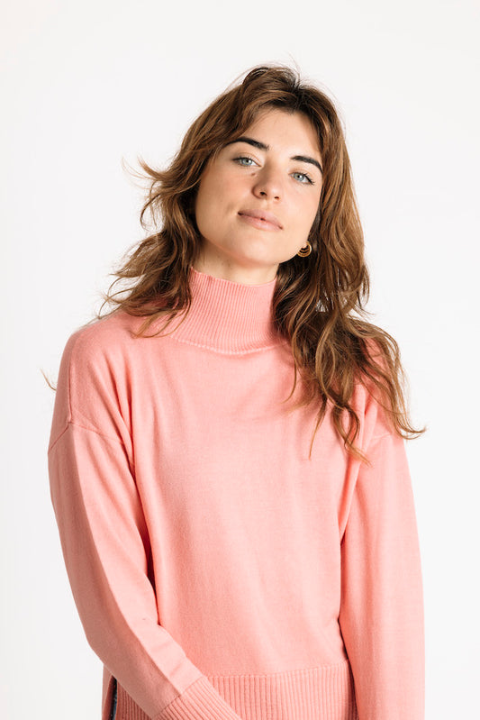 Pure Merino Wool Mock Neck Sweater in Coral