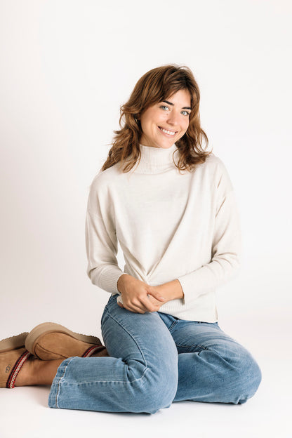 Pure Merino Wool Mock Neck Sweater in Pearl