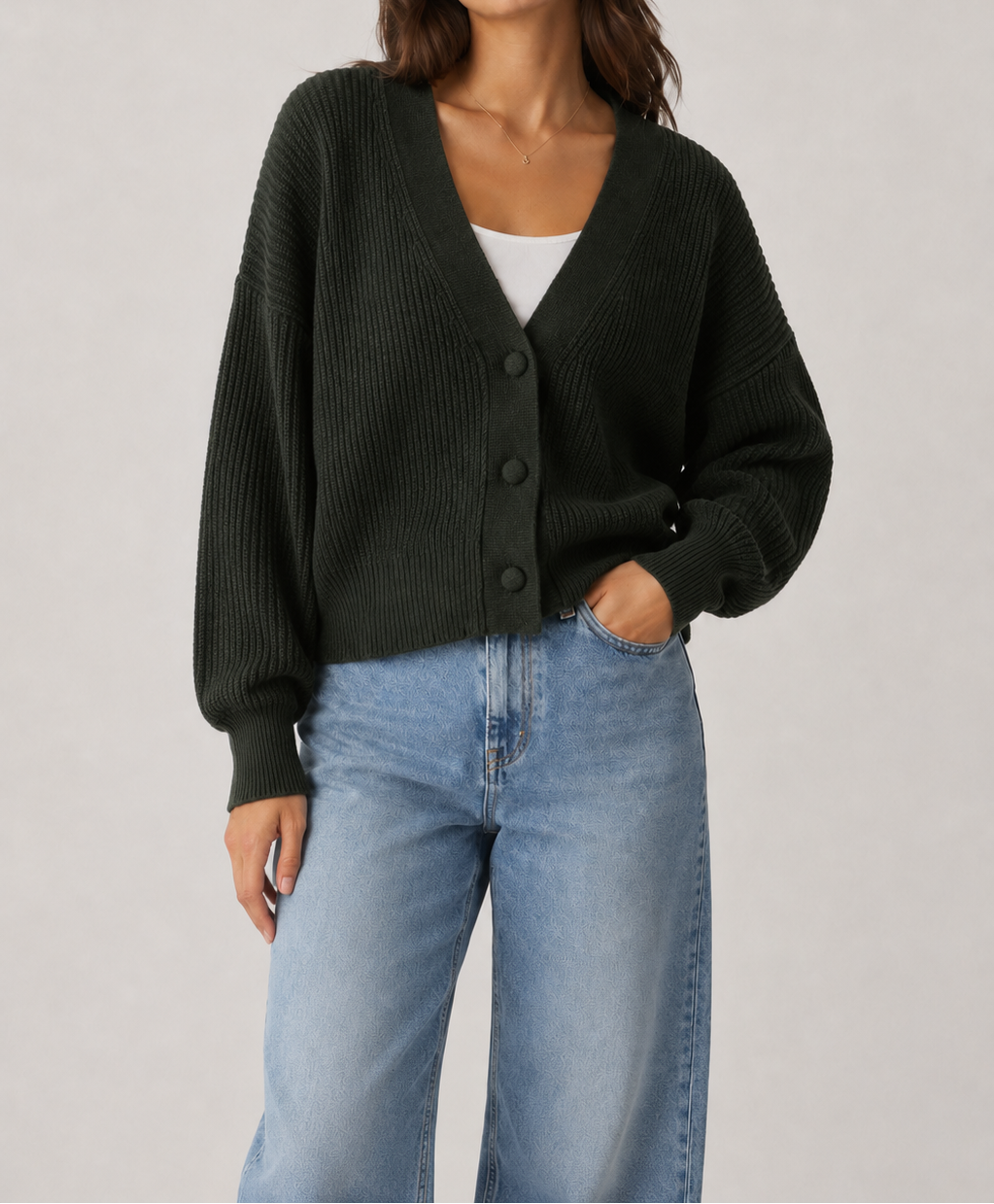 Pure Wool Boxy Cardi in Moss
