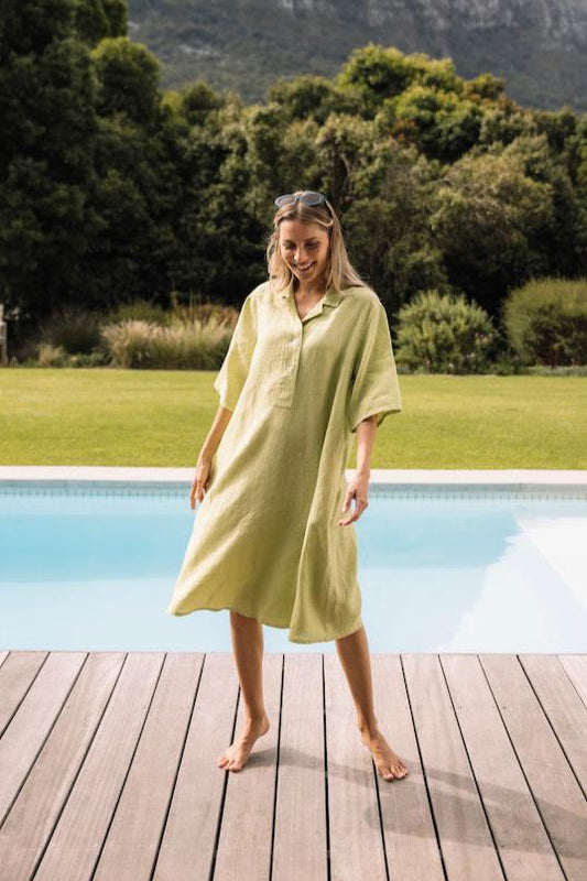 Linen Relaxed Shirt Dress in Kiwi