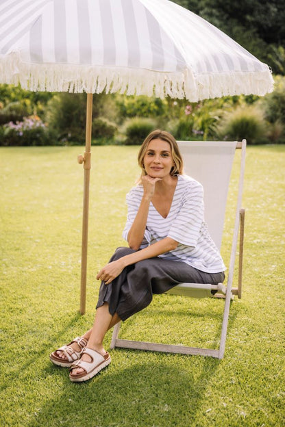 Stripe V-neck Tee in Sand