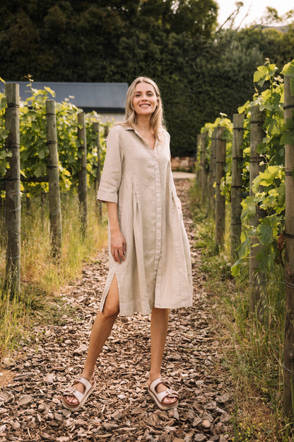 Collared Linen Dress in Stone