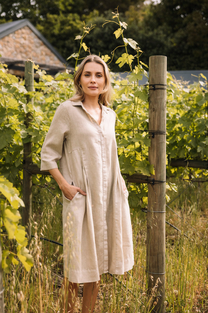 Collared Linen Dress in Stone