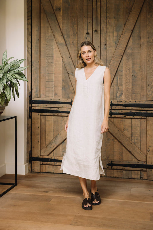 Linen Sleeveless Panel Dress in Natural