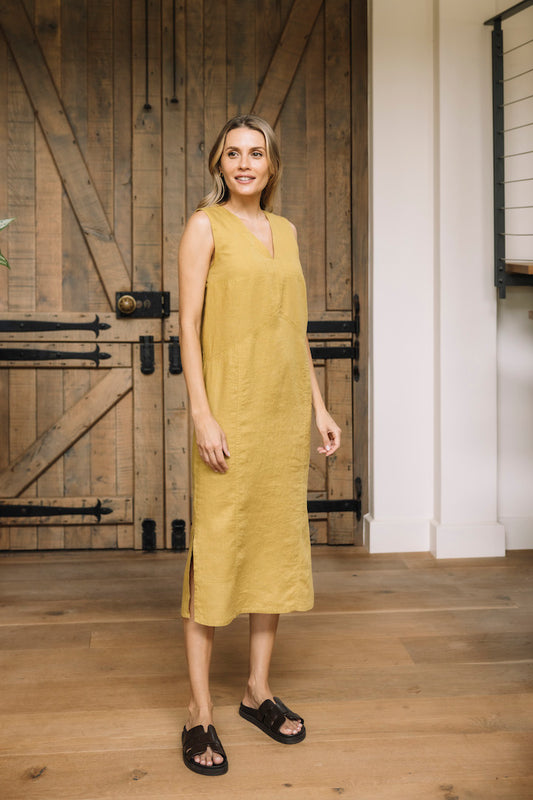 Linen Sleeveless Panel Dress in Straw