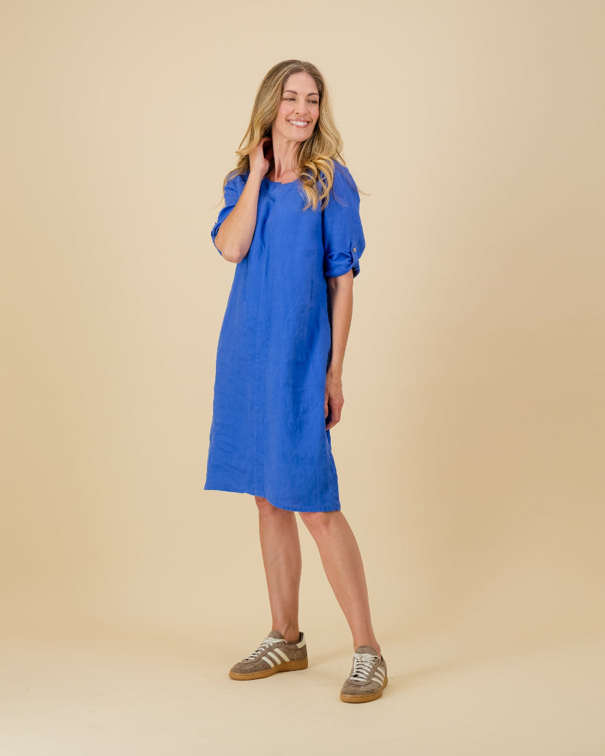 Round Neck Linen Dress in Sapphire
