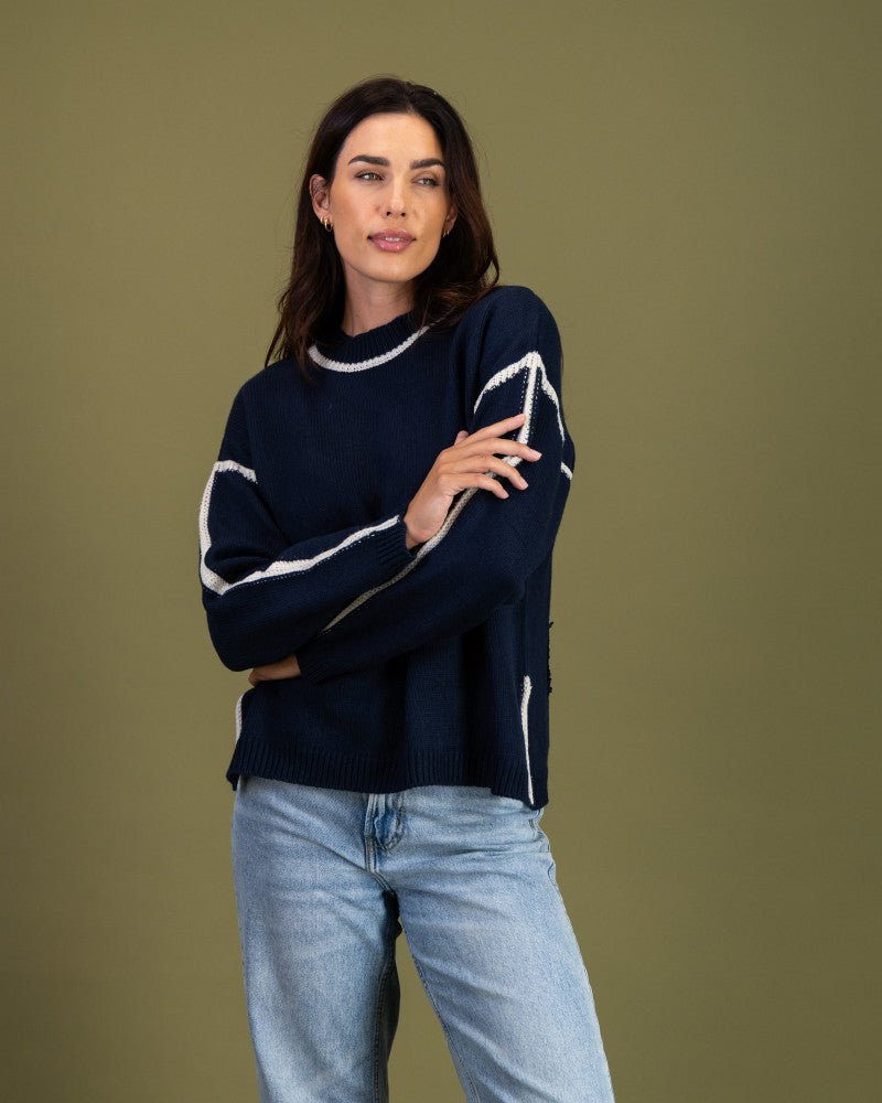 Contrast Stitch Knit in Navy / Cream