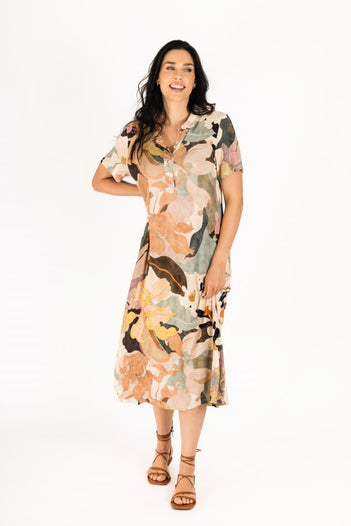 3/4 Button Dress in Autumn Floral