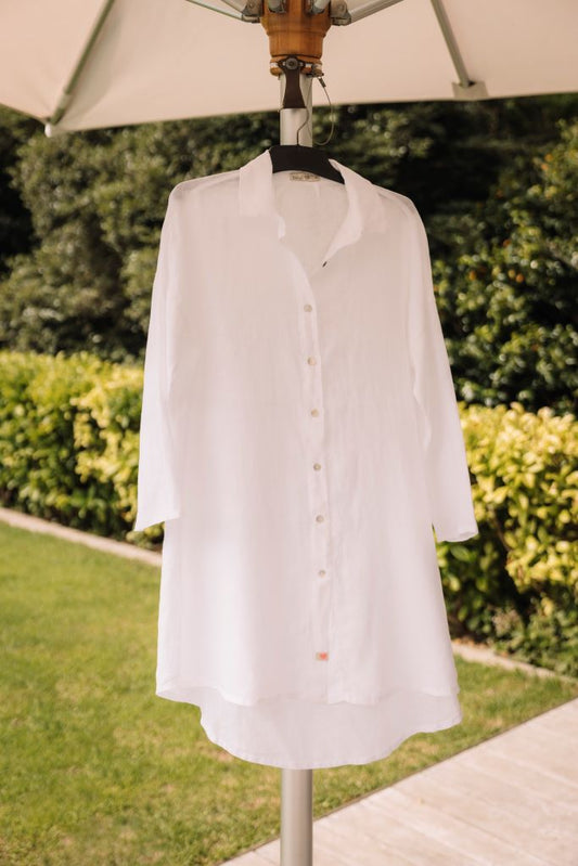 Relaxed Button Down Linen Shirt Dress in White