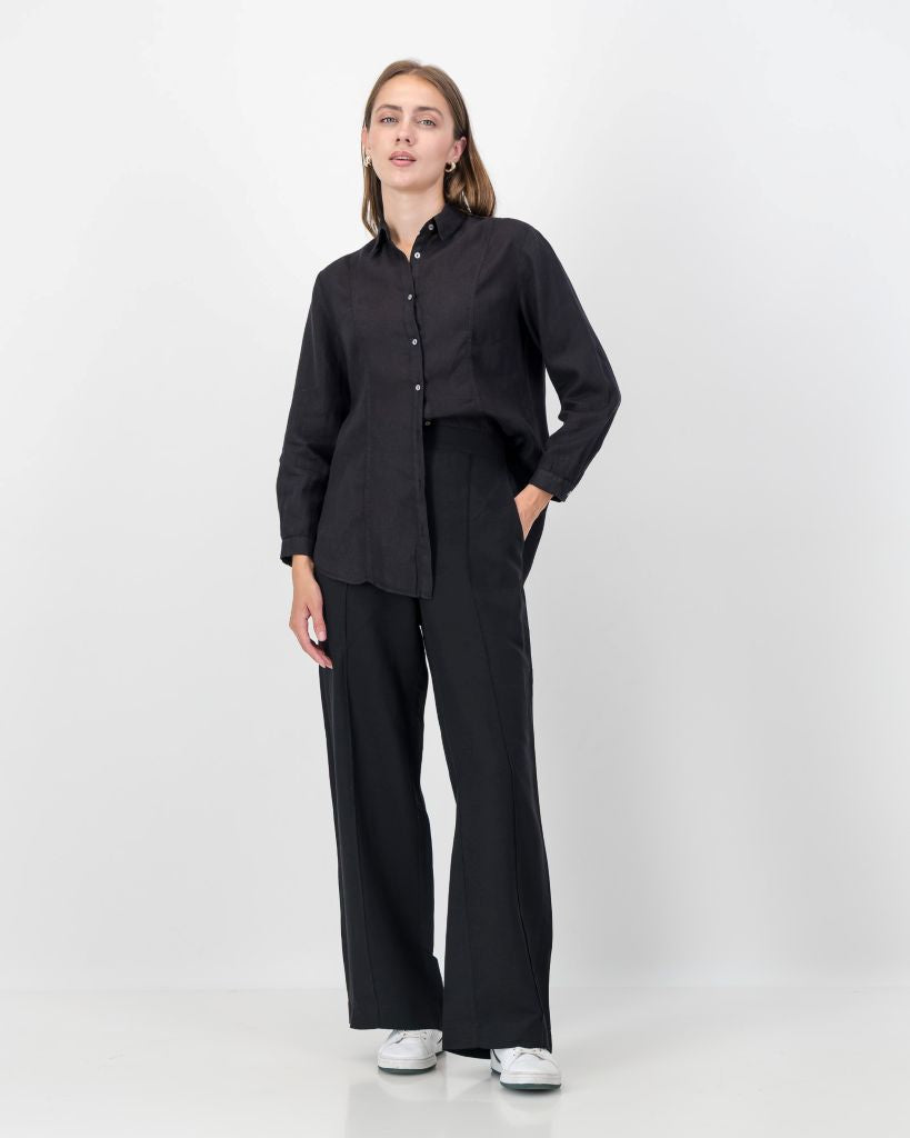 Linen Blend Wide Leg Pants in Black